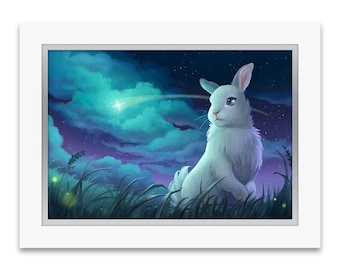 Premium Art Print "The Shooting Star" - Bunny Rabbit in a field looking at the sky - hand-embellished with Swarovski crystals and matted