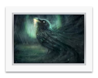 Premium Art Print "The Star Eater" | Black crow eating a star in a dark forest | Hand-embellished with Swarovski crystals and double-matted
