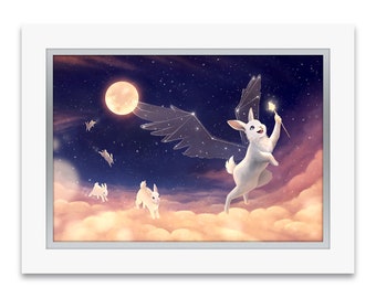 Premium Art Print "Moon Rabbit" | Rabbit soaring amongst clouds and moon | Hand-embellished with Swarovski crystals and double-matted