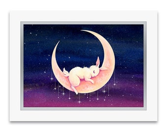 Premium Art Print "Sleeping Moon Rabbit" - Bunny asleep in the sky - hand-embellished with Swarovski crystals and double-matted