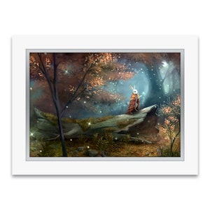 Premium Art Print &quot;A Gathering of Stars&quot; - Bunny Rabbit in the forest - hand-embellished with Swarovski crystals and double-matted