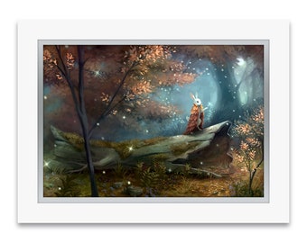 Premium Art Print "A Gathering of Stars" - Bunny Rabbit in the forest - hand-embellished with Swarovski crystals and double-matted