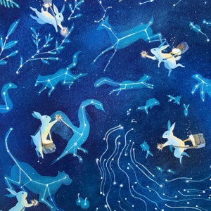 May include: A watercolor painting of a dark blue night sky with white stars and constellations. The constellations are shaped like animals, including a deer, a swan, a cat, and a rabbit. The animals are holding small, glowing stars.