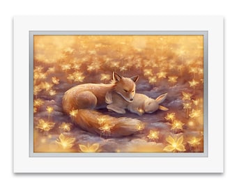 Premium Art Print "Field of Starflowers" | Rabbit and fox sleeping | Hand-embellished with Swarovski crystals and double-matted