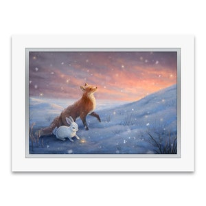 Premium Art Print &quot;Starfall&quot; | Rabbit and fox watching stars fall | Hand-embellished with Swarovski crystals and double-matted