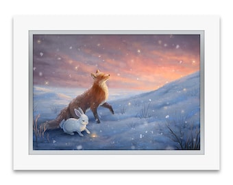 Premium Art Print "Starfall" | Rabbit and fox watching stars fall | Hand-embellished with Swarovski crystals and double-matted