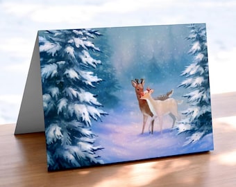 Snowy Rudolph & Clarice Christmas Holiday Greeting Card | 100% Handmade card | Red and Gold foil accents | Original artwork