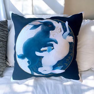 Yin & Yang Balance | White and Black Rabbit Pillow Case | 12 x 12&quot; | With Zipper