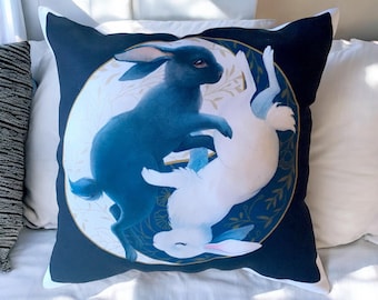 Yin & Yang Balance | White and Black Rabbit Pillow Case | 12 x 12" | With Zipper
