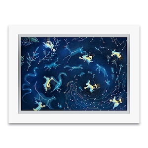 May include: A whimsical illustration of a dark blue night sky with white stars and constellations.  White rabbits with lanterns fly through the sky, illuminating the constellations.  The constellations include a snake, a deer, a dragon, and a cat.