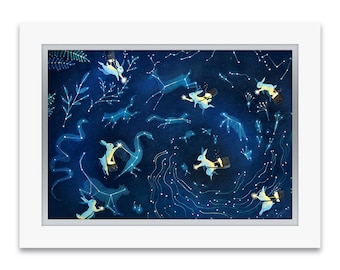 Premium Art Print "Painting the Skies" - Bunny Rabbit in the sky creating constellations - hand-embellished with Swarovski crystals