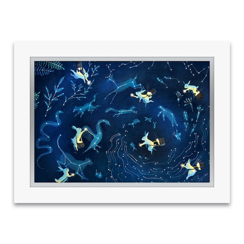 May include: A whimsical illustration of a dark blue night sky with white stars and constellations.  White rabbits with lanterns fly through the sky, illuminating the constellations.  The constellations include a snake, a deer, a dragon, and a cat.
