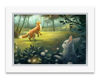 Premium Art Print "The Encounter" | Rabbit and star encountering a fox | Hand-embellished with Swarovski crystals and double-matted