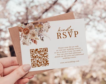 Printed + Shipped Fall Wedding QR Code RSVP Card, RSVP Card For Wedding, Editable Invitation Insert, Autumn Rustic, AD78