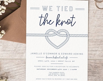May include: A white wedding invitation featuring a blue rope tied into a heart shape. The text reads "We Tied the Knot" and includes the couple's names, wedding date, and reception details.