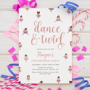Dance And Twirl Ballerina Birthday Invitation Template, Ballet Dancer Girl Birthday Invite, Editable, Printable, Digital Birthday, Pink