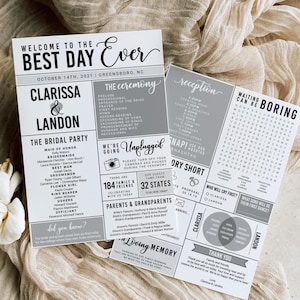 Może przedstawiać: Zaproszenie ślubne w czarno-białym stylu. Zaproszenie zawiera imiona pary, Clarissę i Landona, oraz datę ślubu, 14 października 2021 roku. Zaproszenie zawiera również listę gości weselnych i wiadomość o ceremonii i przyjęciu.