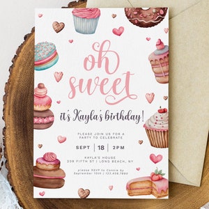 May include: A pink and white birthday invitation with the text "oh sweet it's Kayla's birthday!" and a watercolor illustration of cupcakes, donuts, and hearts. The invitation includes the date, time, and location of the party.