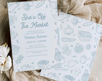 She's Off The Market Bridal Shower Invitation Template, Blue Hand-Drawn Farmer's Market Invite, Editable, Printable, Download