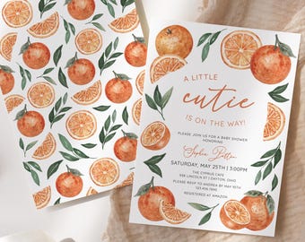 Printed + Shipped A Little Cutie Is On The Way Baby Shower Invitation, Oranges Greenery, Gender Neutral, Editable, Citrus Baby Shower, AD22