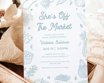 Printed + Shipped She's Off The Market Bridal Shower Invitation, Blue Hand-Drawn Farmer's Market Bridal Shower Invite, Wedding Shower