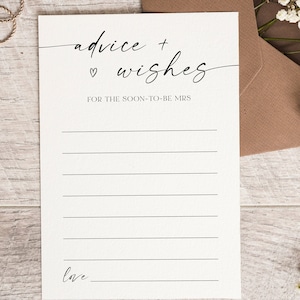 Consejos y deseos para la futura esposa, plantilla de tarjeta de consejos para despedida de soltera, tarjeta de consejos imprimible, plantilla editable, boda minimalista, AD18