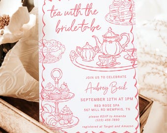 Printed + Shipped Tea With The Bride To Be Bridal Shower Invitation, Hand Drawn Tea Party Wedding Shower Invite, Personalized, AD77