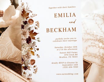 Printed + Shipped Fall Foliage Wedding Invitation, Editable Wedding Invite With Leaves and Flowers, Rustic Wedding, Personalized, AD78