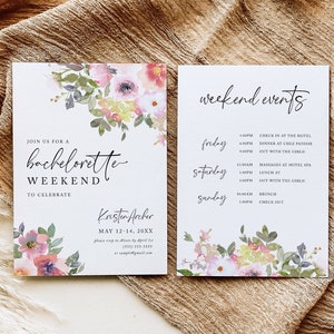 Bachelorette Party Invitation Template, Printable Bachelorette Weekend Itinerary, Pink Floral Digital Schedule, Instant Download, AD52