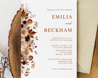 Fall Foliage Wedding Invitation Template, Editable Wedding Invite With Leaves and Flowers, Printable, Instant Download, AD78