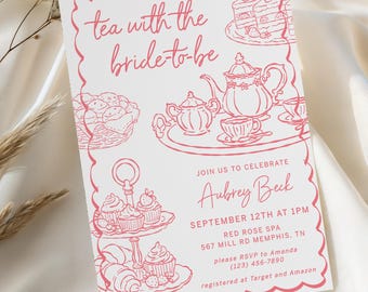 Tea With The Bride To Be Bridal Shower Invitation Template, Hand Drawn Tea Party Wedding Shower Invite, Editable, Instant Download, AD77