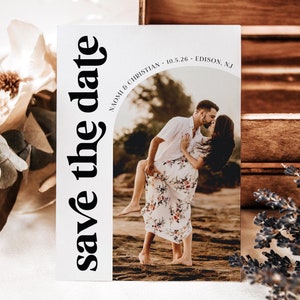 Retro Text Save The Date Template With Photo, Modern Arch Photo Save The Date, Printable, Editable, Wedding Invitation, Custom Save The Date