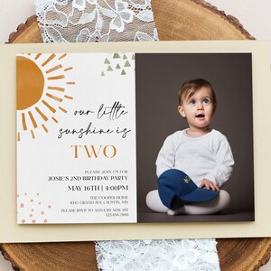 Our Little Sunshine Watercolor Birthday Invitation Template, Kids Birthday Invitation With Photo, Printable Invitation, Editable, Download