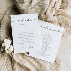 Cartes de bienvenue de mariage minimalistes, cartes de sac de bienvenue de mariage, modèle modifiable, insert de sac de bienvenue d'hôtel, imprimable, téléchargement immédiat, AD18