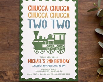 Train Second Birthday Invitation Template, Chugga Chugga Two Two, 2nd Birthday Party Invitation, Editable, Printable, Toddler Birthday Boy