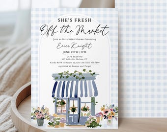 Printed + Shipped She's Off The Market Bridal Shower Invitation, Farmer's Market Wedding Shower, Flowers, Gingham, Custom, AD73
