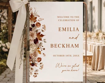 Fall Foliage Wedding Welcome Sign Template, Terra Cotta Autumn Wedding, Editable Sign, Printable Poster, Personalized, AD78