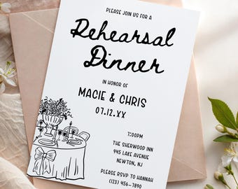 Hand Drawn Rehearsal Dinner Invitation, Whimsical Rehearsal Dinner Invite, Printable Invite, Editable Template