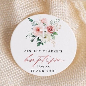 Sjabloon voor tag met bloemen en gouden doopsel, doopsel, eerste communie, afdrukbaar gunstlabel, sticker, instant download, AD19