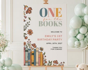 One For The Books First Birthday Welcome Sign Template, 1st Birthday Party, Book Theme, Baby Birthday, Editable, Printable Sign, AD56