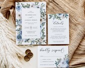 Dusty Blue Watercolor Florals Wedding Invitation Set, Printable Invitation Template, Editable, Instant Download, Rustic Greenery, AD50