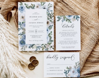 Dusty Blue Watercolor Florals Wedding Invitation Set, Printable Invitation Template, Editable, Instant Download, Rustic Greenery, AD50