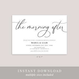 May include: A white 5x7 inch invitation card with black text that reads "the morning after" and includes details for a celebration brunch in honor of Maria & Liam. The event is scheduled for Sunday, September 13th, 20XX at 10:00 AM at The Sanders Home, 812 Glenlake Dr, Bradenton, FL. The invitation requests an RSVP to a phone number.