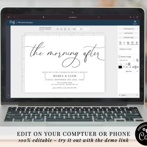 May include: A digital mockup of a wedding invitation template on a laptop screen. The invitation is for a "morning after" brunch in honor of Maria & Liam. The text is in a simple, elegant font.