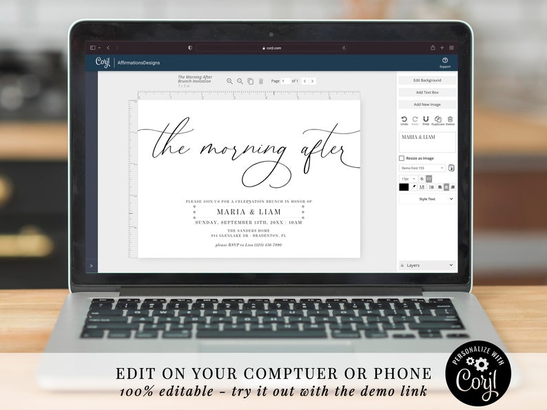 May include: A digital mockup of a wedding invitation template on a laptop screen. The invitation is for a "morning after" brunch in honor of Maria & Liam. The text is in a simple, elegant font.