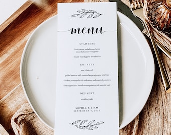 Menú de boda rústico imprimible con diseño de ramas, plantilla de menú de boda editable, descarga instantánea, boda rústica DIY, tarjeta de menú para la recepción, AD29