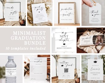 Pacote de modelos de festa de formatura minimalista, anúncio de formatura, placa de festa de formatura, convite de formatura, editável, para impressão, AD18