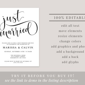 K&ouml;nnte beinhalten: Eine schwarz-wei&szlig;e druckbare Hochzeitseinladung zum Brunch mit dem Text "just married" in einer kursivschrift. Die Einladung enth&auml;lt die Namen Marissa und Calvin, das Datum und die Uhrzeit der Veranstaltung sowie den Ort. Der Text "100% Editable" ist ebenfalls im Bild enthalten.