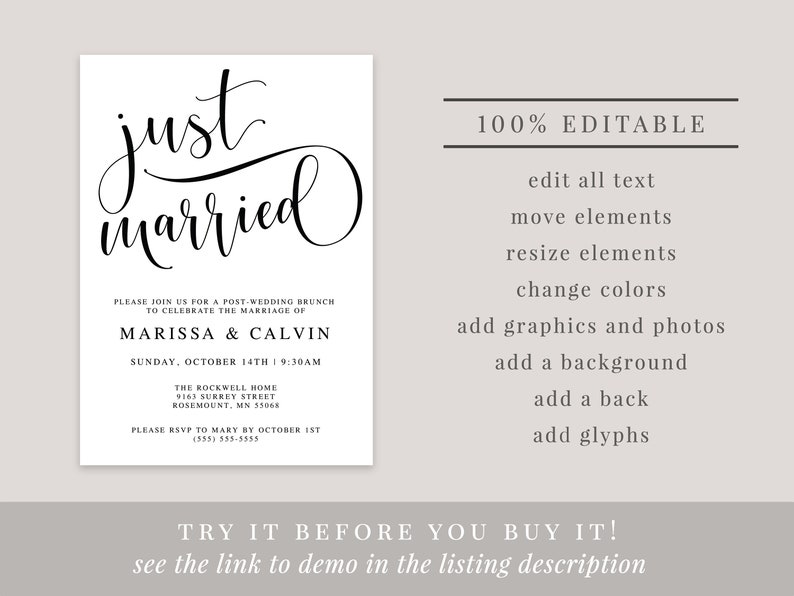 K&ouml;nnte beinhalten: Eine schwarz-wei&szlig;e druckbare Hochzeitseinladung zum Brunch mit dem Text "just married" in einer kursivschrift. Die Einladung enth&auml;lt die Namen Marissa und Calvin, das Datum und die Uhrzeit der Veranstaltung sowie den Ort. Der Text "100% Editable" ist ebenfalls im Bild enthalten.