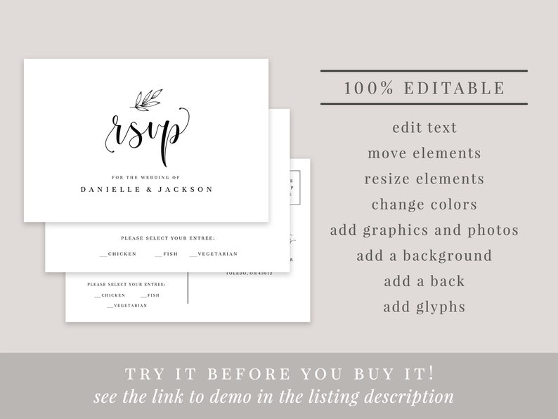 May include: A white RSVP card with a black calligraphy font that says "rsvp" with a small leaf design above the text. The text "For the wedding of Danielle & Jackson" is below the calligraphy. The card has a section for guests to select their entree: chicken, fish, or vegetarian.